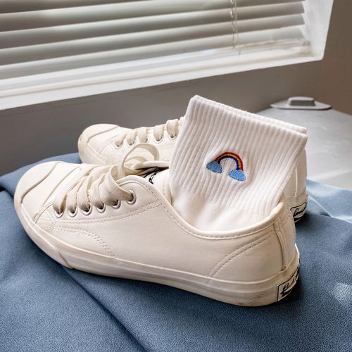 白袜子女白色春秋季款短款纯棉ins潮中筒袜短袜运动短筒韩国彩虹