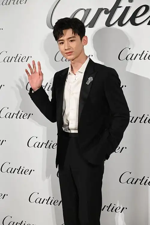 白敬亭一身黑色西装,尽显男子气概,无修图有点显黑了