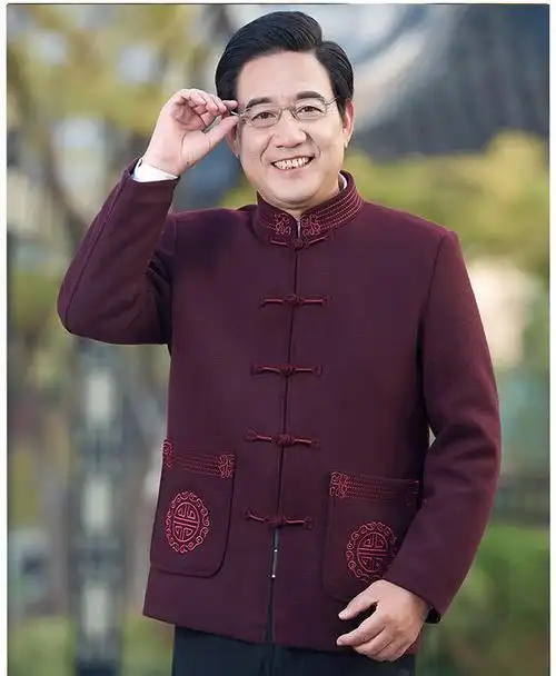 唐装男中老年人羊毛呢外套中国风爸爸秋冬装爷爷汉服中山装外套酒红色