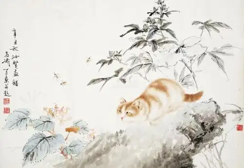 曹克家·王雪涛(款) 猫 设色纸本 镜心