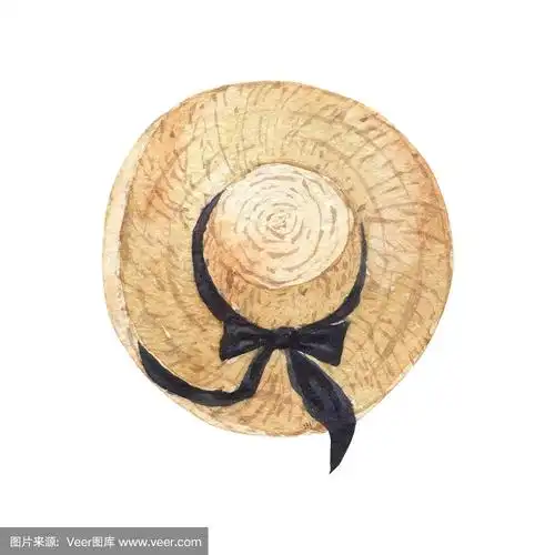 带黑丝带的草帽.手绘水彩插图孤立的白色背景.