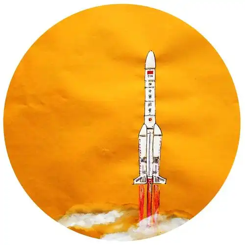 从网上买了好几公斤各色圆形仿古宣纸,试用新纸,画长征五号遥三火箭