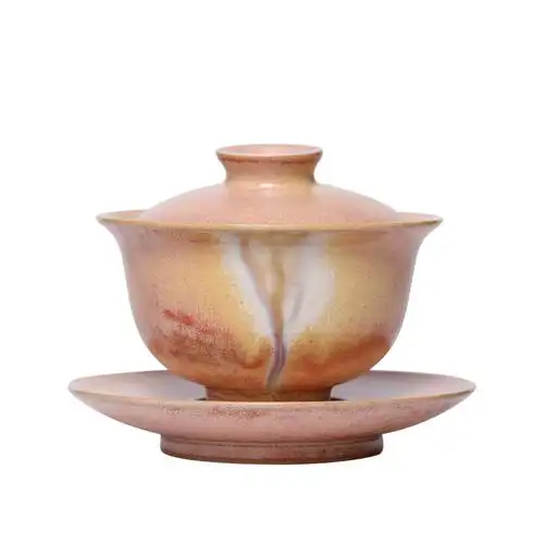 霞光盖碗茶品茗裸烧无釉陶瓷复古茶杯盖碗光火盖碗