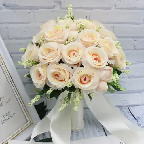 手捧花欧式香槟色蓝白粉新娘婚纱摄影拍照手拿花仿真小玫瑰花束