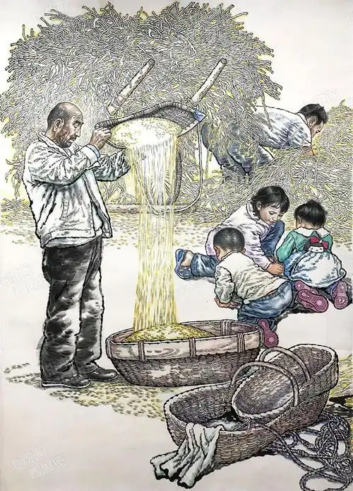 手工的,把镰刀磨罢,戴一顶草帽于田间飞刀豁豁,麦子便齐齐地抓在手里