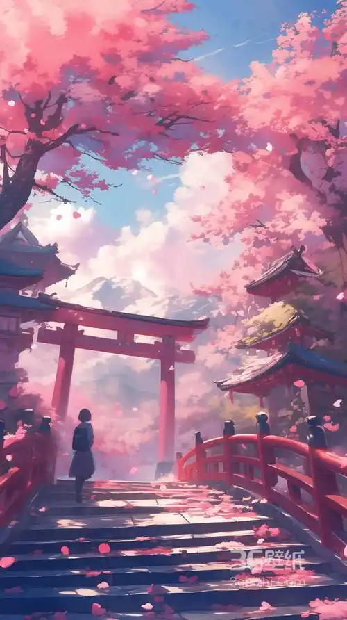 开满樱花的山间圣地,楼梯,阶梯,登山少女 樱花山动漫插画手机壁纸图片