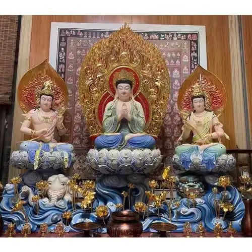 华严三圣坐像彩绘三曼陀菩萨大行菩萨铜雕像西方三圣精工工艺品