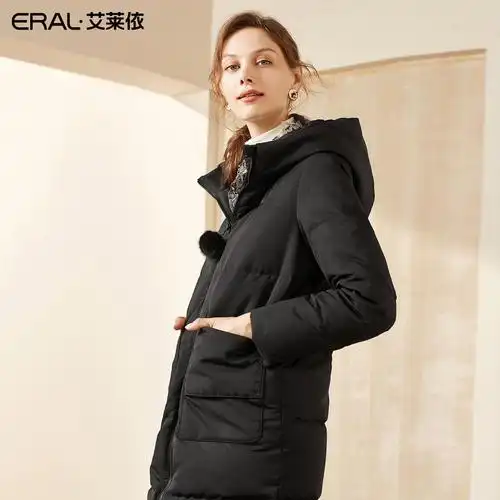艾莱依2019秋冬新款时尚修身连帽羽绒服女中长款冬外套601801107