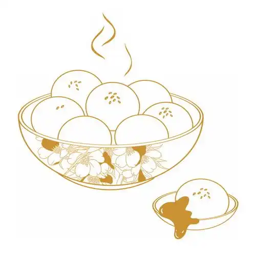 金色线条一碗芝麻糖汤圆元宵节美食插画366695png图片素材