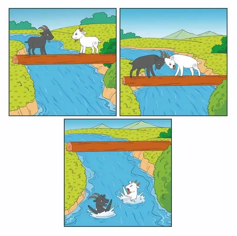 看图写话:过独木桥 有一天,一只白羊和一只黑羊在小河的两边玩耍.