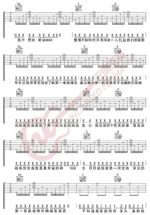 mom吉他谱,歌曲演唱是蜡笔小新的,和弦不难,右手拨弦也比较简单,适合
