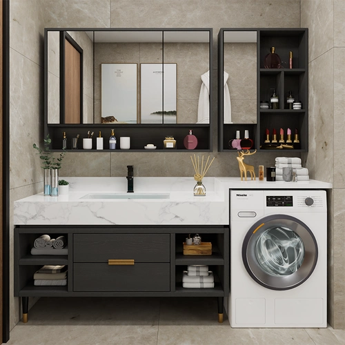 岩板一体盆浴室柜组合洗漱台阳台高低洗衣机柜实木洗手台盆柜视频