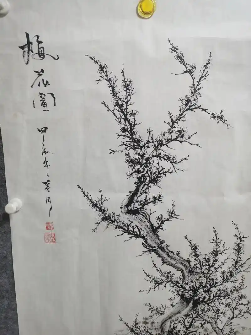 这是一副墨梅,有自己的一些新创意,通过留白来体现梅花的刚性之