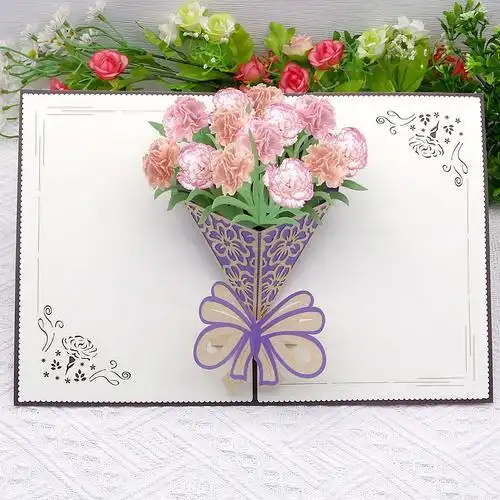 母亲节贺卡康乃馨花束鲜花3d立体创意手工镂空纸雕感恩妈妈卡片