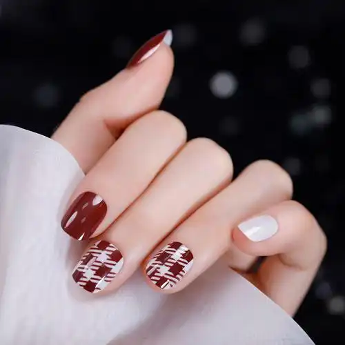 穿戴甲假指甲贴片 美甲 时尚酒红格子成品甲片指甲片 假指甲成品