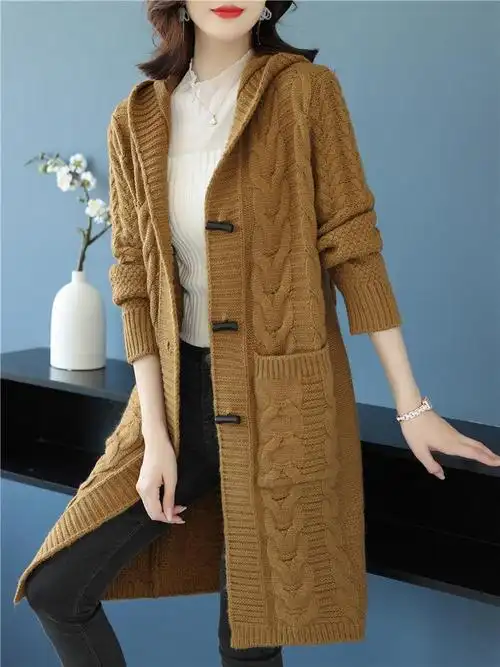 连帽毛衣外套女带帽中长款