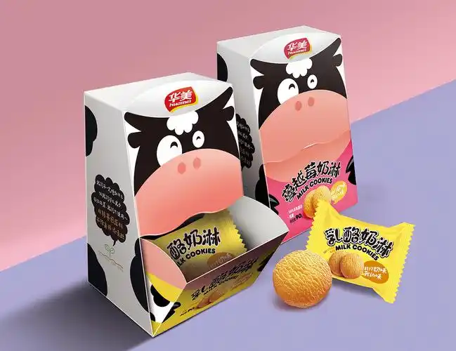 饼干类-(奶淋曲奇)将盒子一反常规的设计为梯形结构,整体设计为一头