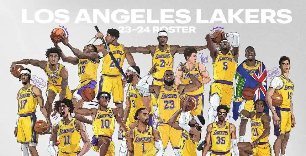 湖人全队漫画版合影:詹皇浓眉c位亮相 八村垒身背武士刀太抢镜_詹姆斯