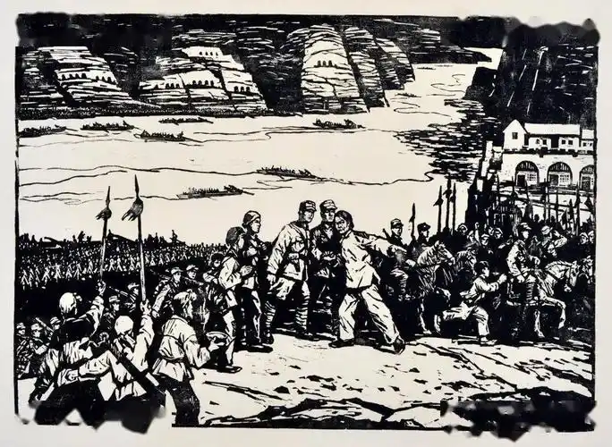 《八路军东渡黄河》 彦涵 1973年 木版单色 54cm×38cm