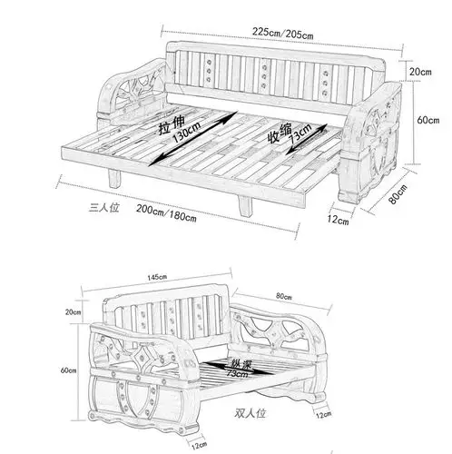 实木沙发小户型全实木沙发组合 现代中式榉木沙发床 实木贵妃沙发