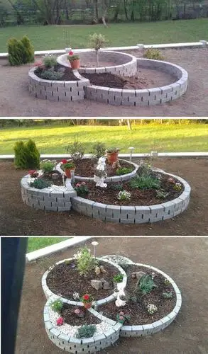 装修剩下一堆红砖砌成旋转型花坛感觉在院里铺出了一条小花路