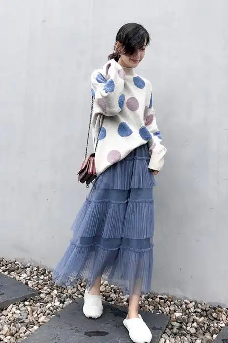 雾霾蓝网纱蛋糕裙新款ins超火半身裙女长裙百褶裙子纱裙 高领波点针织