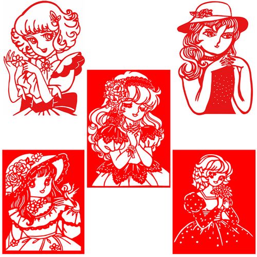 5张卡通美少女人物手工剪纸成品刻纸电子版窗花半成品中国风a3