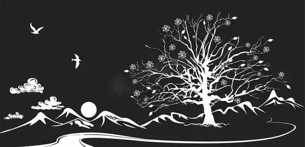 山地景观的黑白剪影.一棵孤独的树, 山, 云与路