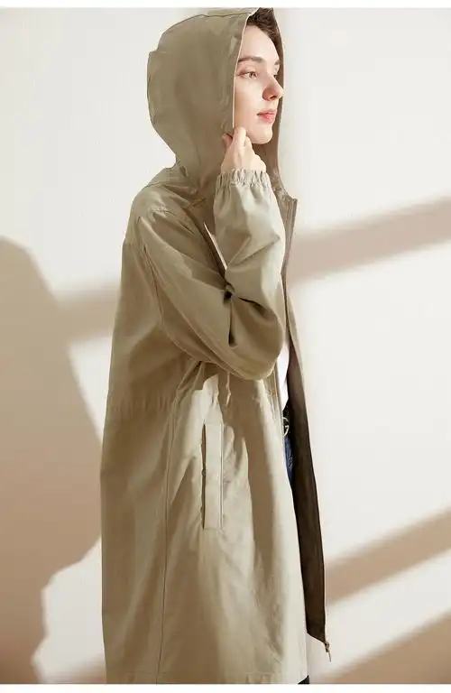 秋季新款休闲连帽工装风衣外套女春秋直筒显瘦中长款天丝棉82432