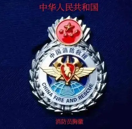消防员胸徽:整体造型为圆型,主色调为银白色,主要标志与干部胸徽相同