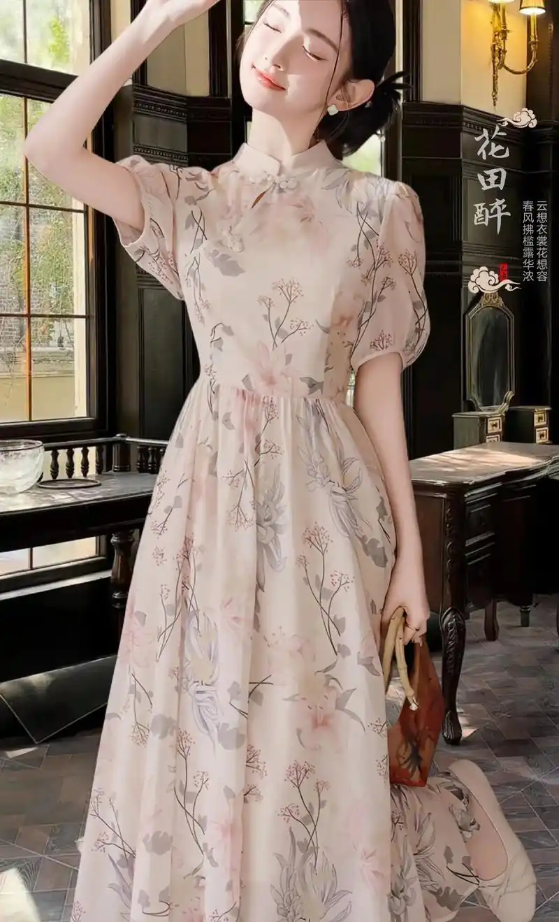 ootd|新中式复古印花改良版旗袍连衣裙