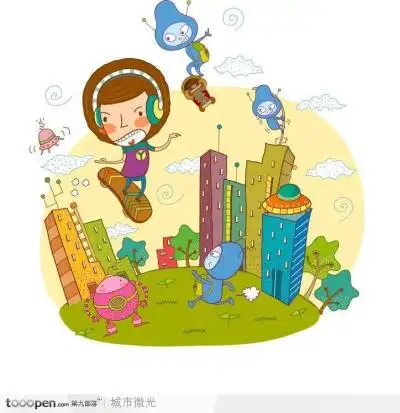 童年幻想插画-在天空上踩着滑板的男孩