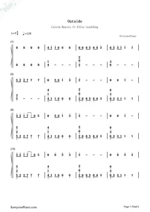 outside-calvin harris and ellie goulding双手简谱预览1