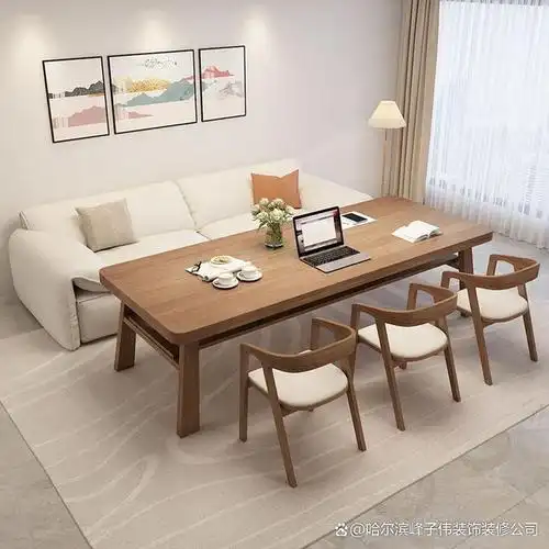 通常将客厅的一部分空间划分出来,安装一张长长的桌子,既可以作为学习