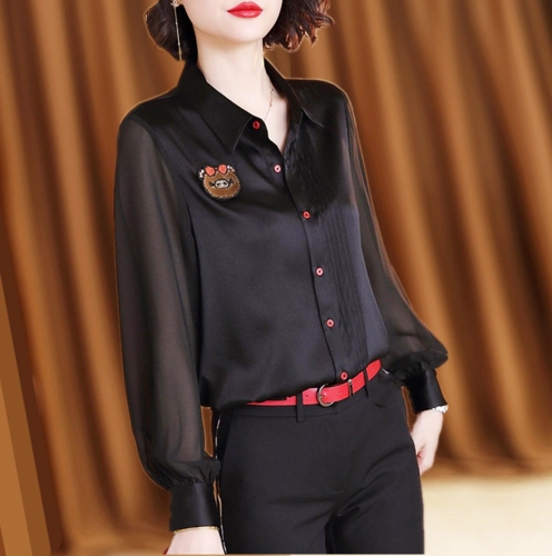重磅真丝衬衫女长袖2020春装新款女装杭州黑色缎面镶钻桑蚕丝上衣