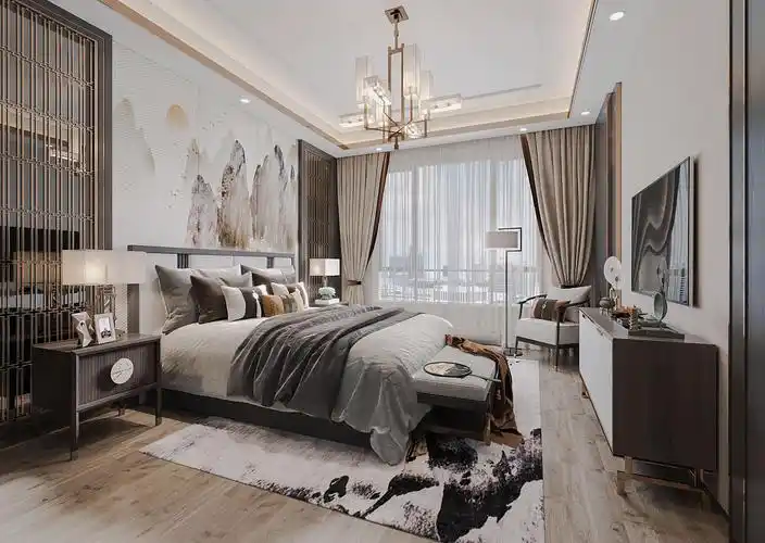 新中式卧室效果图|空间|家装设计|东晋全案设计 - 原创作品 - 站酷