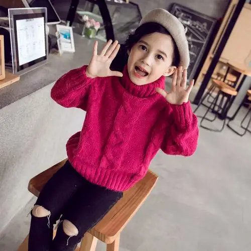 女童冬季毛衣加绒2018新款韩版儿童女孩毛衣高领套头加厚保暖打底