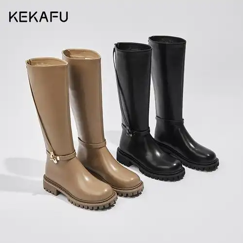 珂卡芙厚底长筒靴女2023年秋冬新款不过膝骑士靴百搭黑色高筒靴子