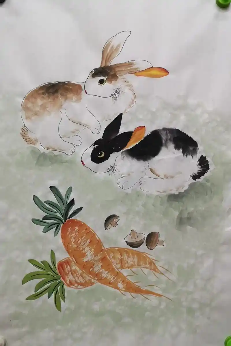 68x46cm四尺三开国画双兔图周末共勉