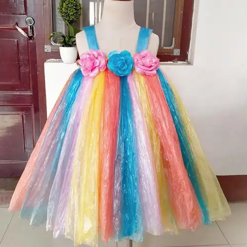 环保衣服儿童服装手工幼儿园时装秀亲子制作演出裙塑料袋走秀 白 红