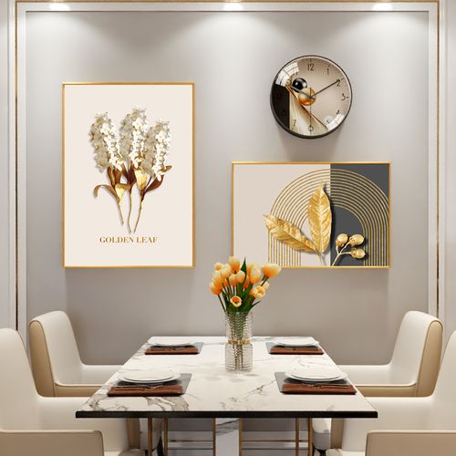 餐厅装饰画带时钟轻奢风格高档简约现代饭厅餐桌挂画北欧组合套装
