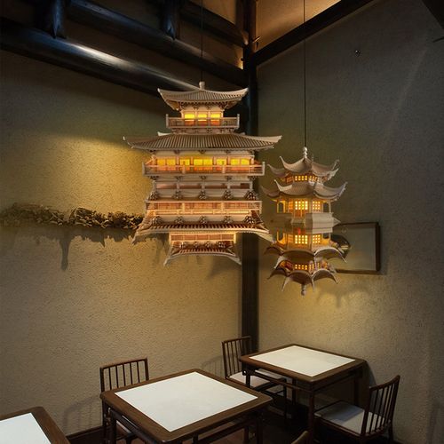 定制售楼部沙盘琉璃屋檐造型吊灯酒店大堂工程创意屋顶瓦片木雕灯