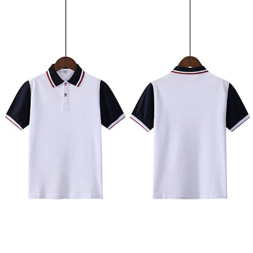 学院风夏季小学初中高中生翻领上衣运动会班服 袖子藏青色白色短袖