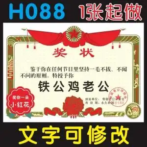 h088铁公鸡老公定制铁公鸡创意奖状5065h131模范老公定制个性创意