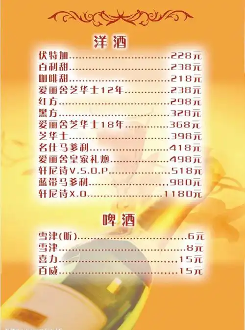 洋酒价目表图片