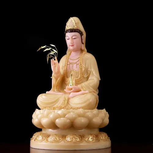 汉白玉观音佛像家用供奉观世音菩萨坐像保平平安摆件