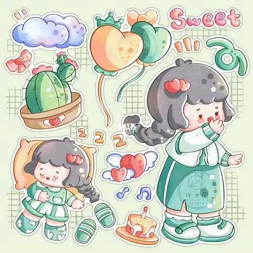 少女系列第八张 | 绿色系 | 清爽 | 仙人掌甜妹手账 | 贴纸 | 可爱