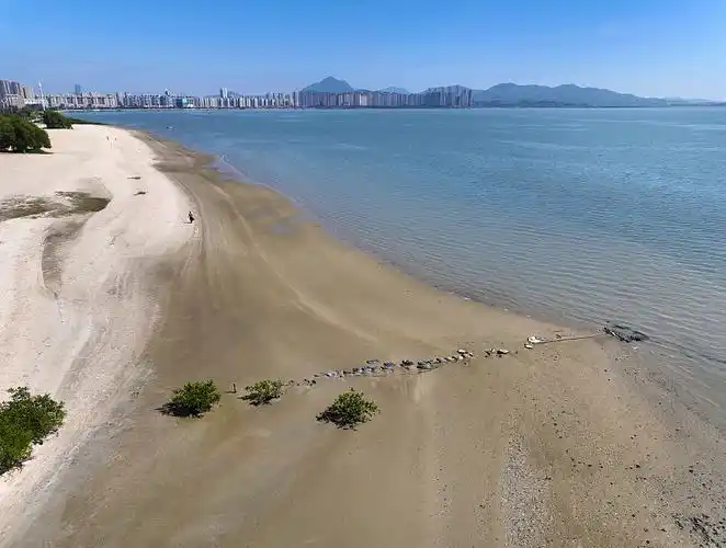 广东省汕尾市城区海滨街人造沙滩与小岛村航拍图片下载