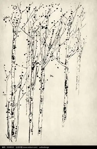 水墨白杨树组合国画挂图