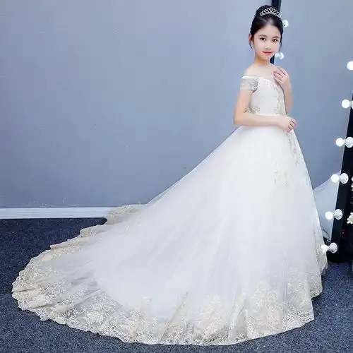 花童礼服女儿童婚纱女童公主裙蓬蓬纱拖尾秋冬长款生日钢琴走秀1